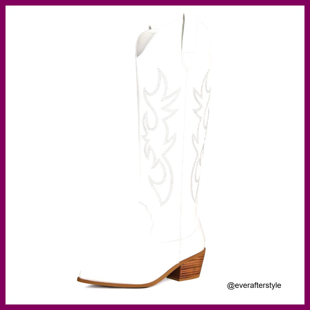 Western Knee High Boots Chunky Heel Pointed Toe Pull On Wide Calf Cowgirl